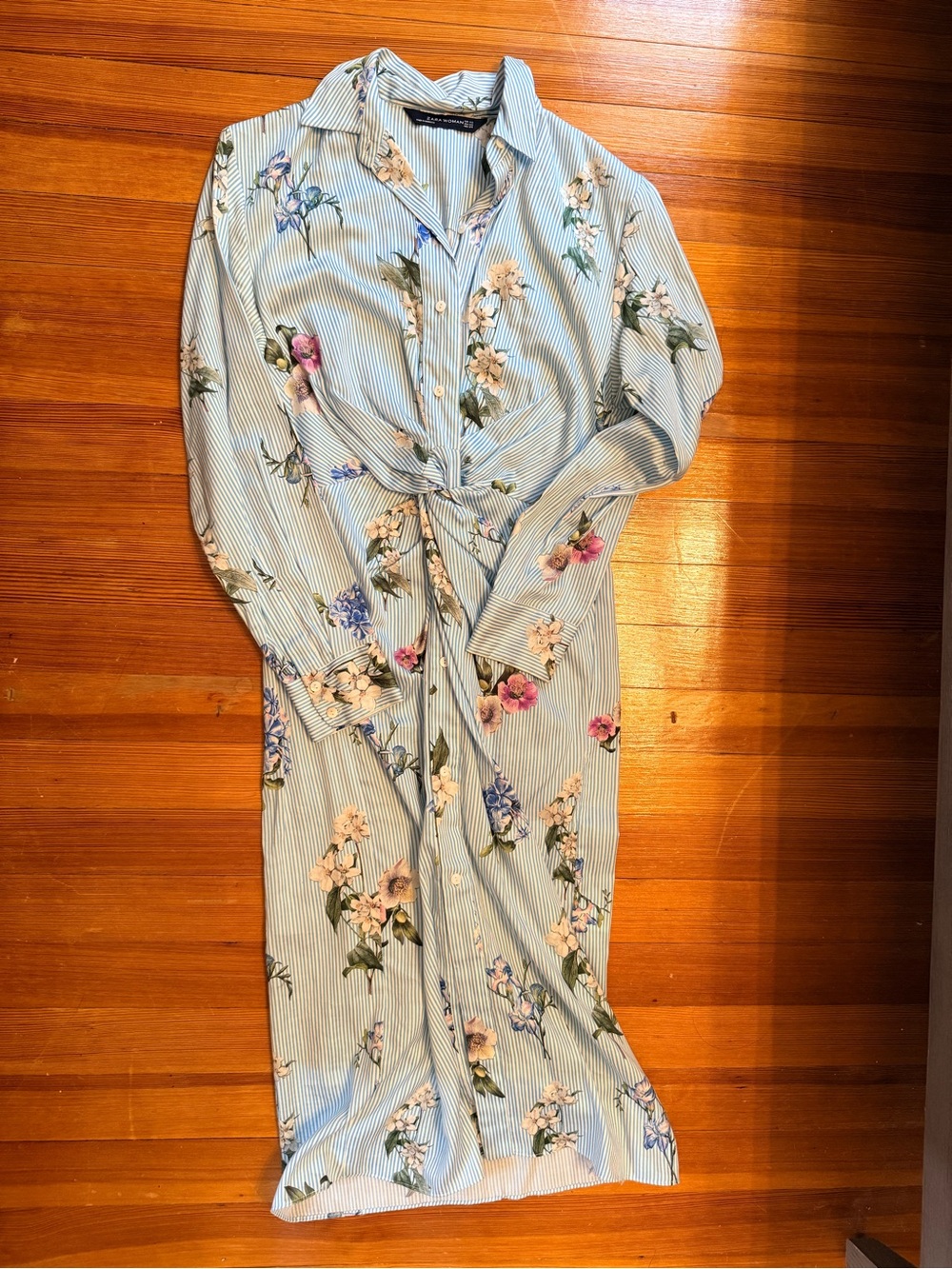 Zara Blue and White Striped Floral Button-Down Shirt